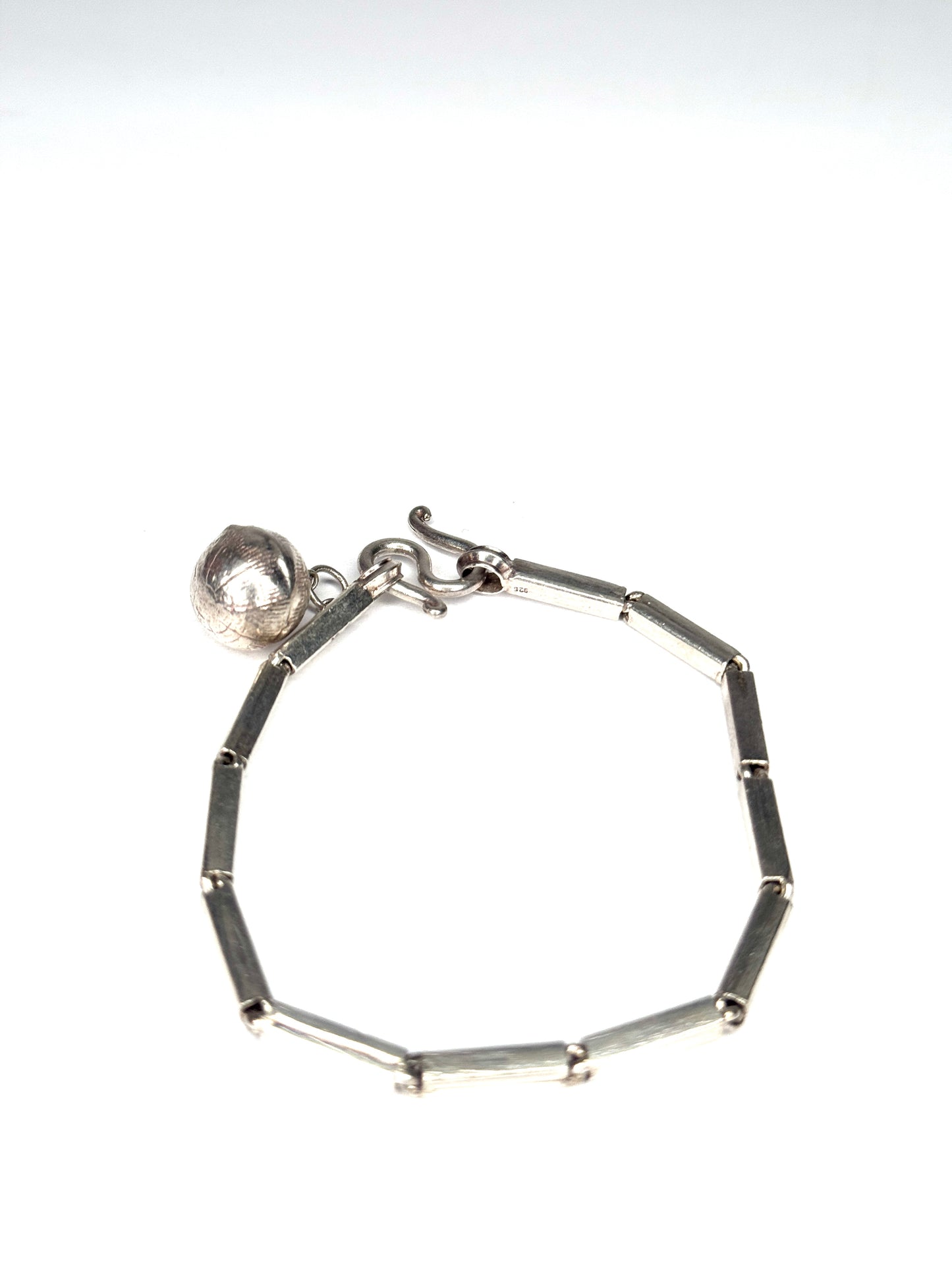925 Sterling Silver Bar Link Bracelet with dangle ball charm