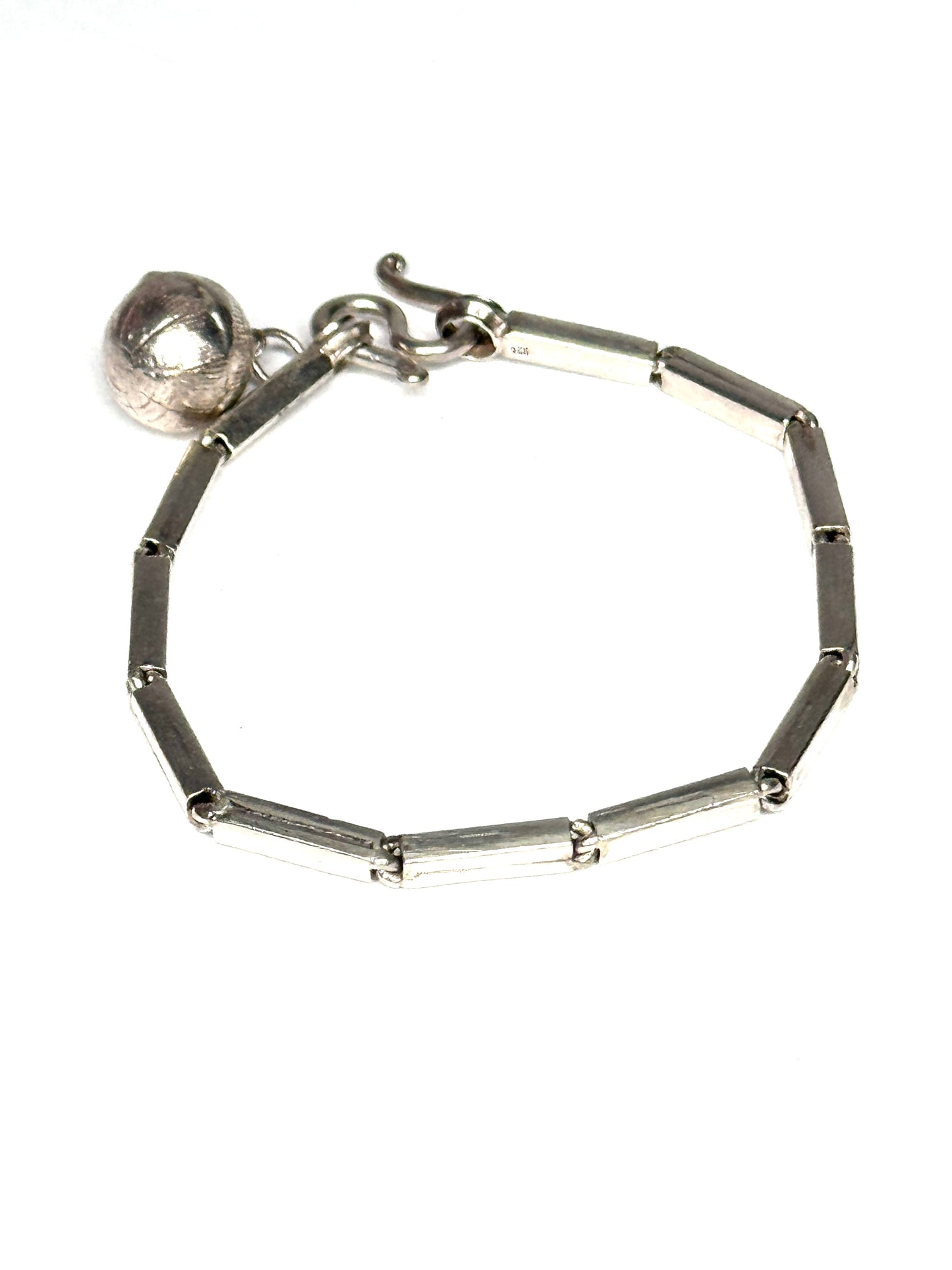 925 Sterling Silver Bar Link Bracelet with dangle ball charm