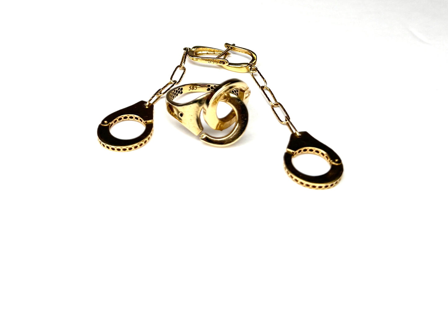 14K Gold Handcuff Ring and dangle Earrings Set