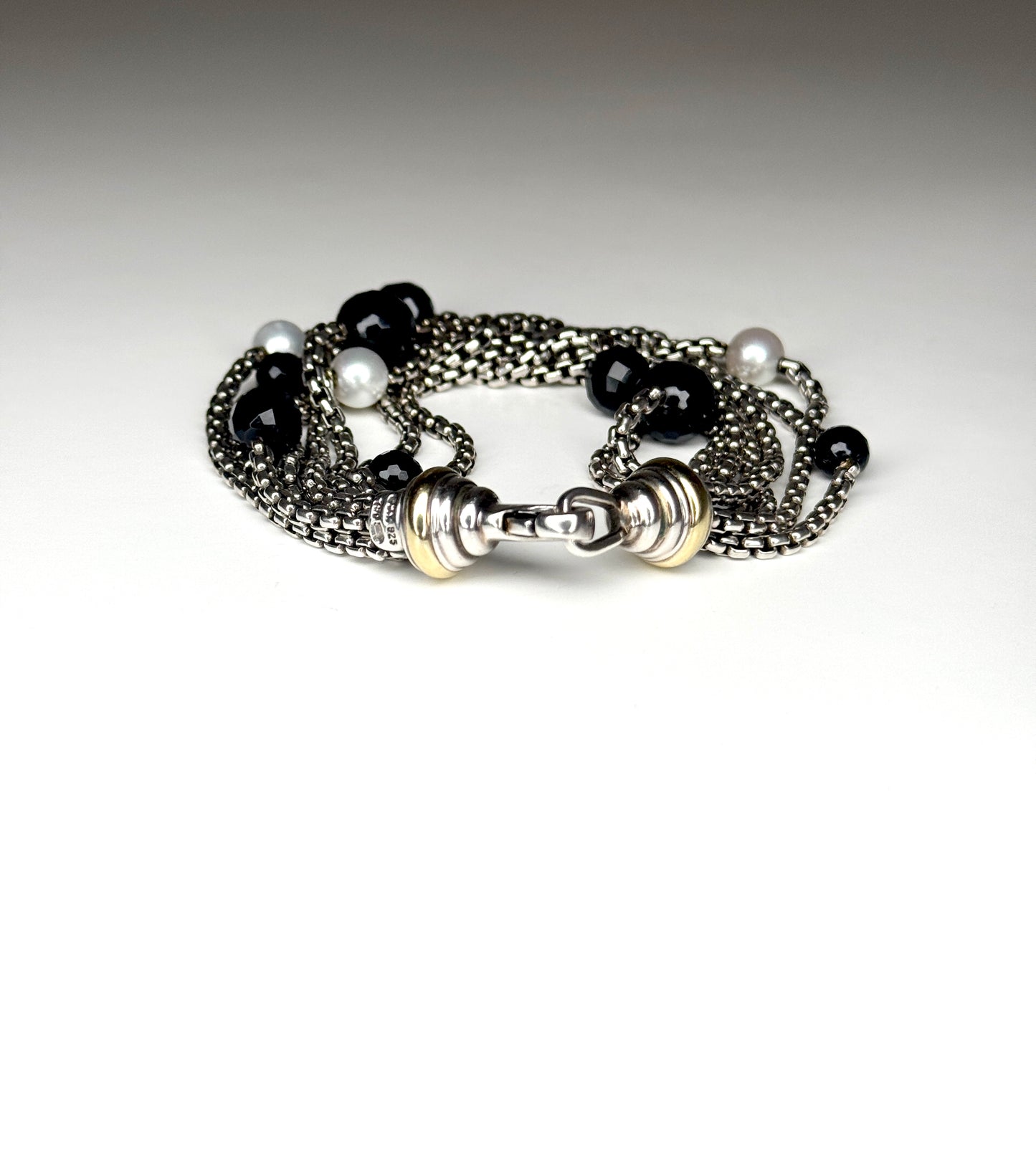 David Yurman 18k Gold & 925 Silver 8 Strand Pearl & Onyx Confetti Bracelet