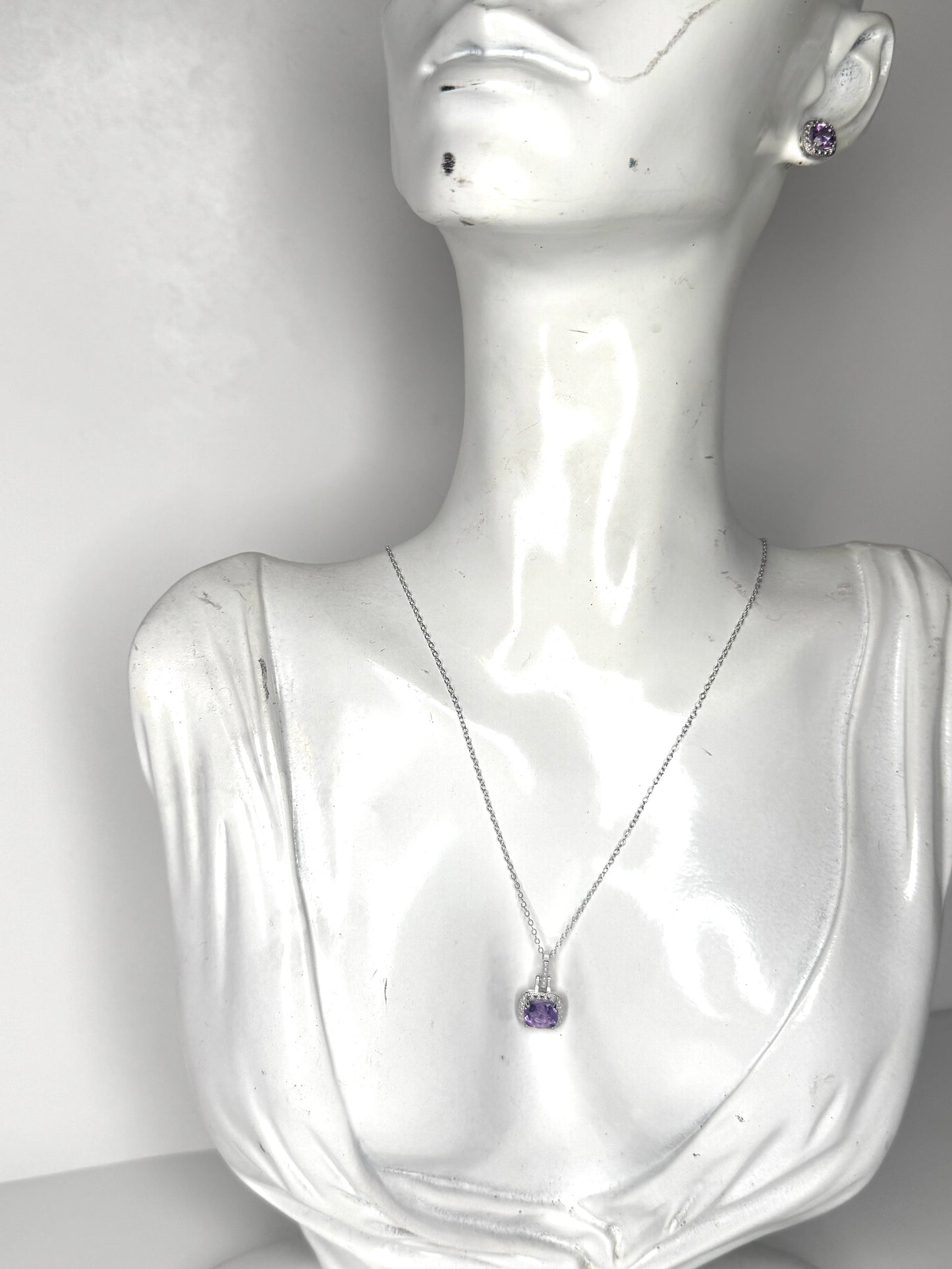 Genuine Amethyst & (0.5 carat) Diamond Sterling Silver Necklace & Earrings Set