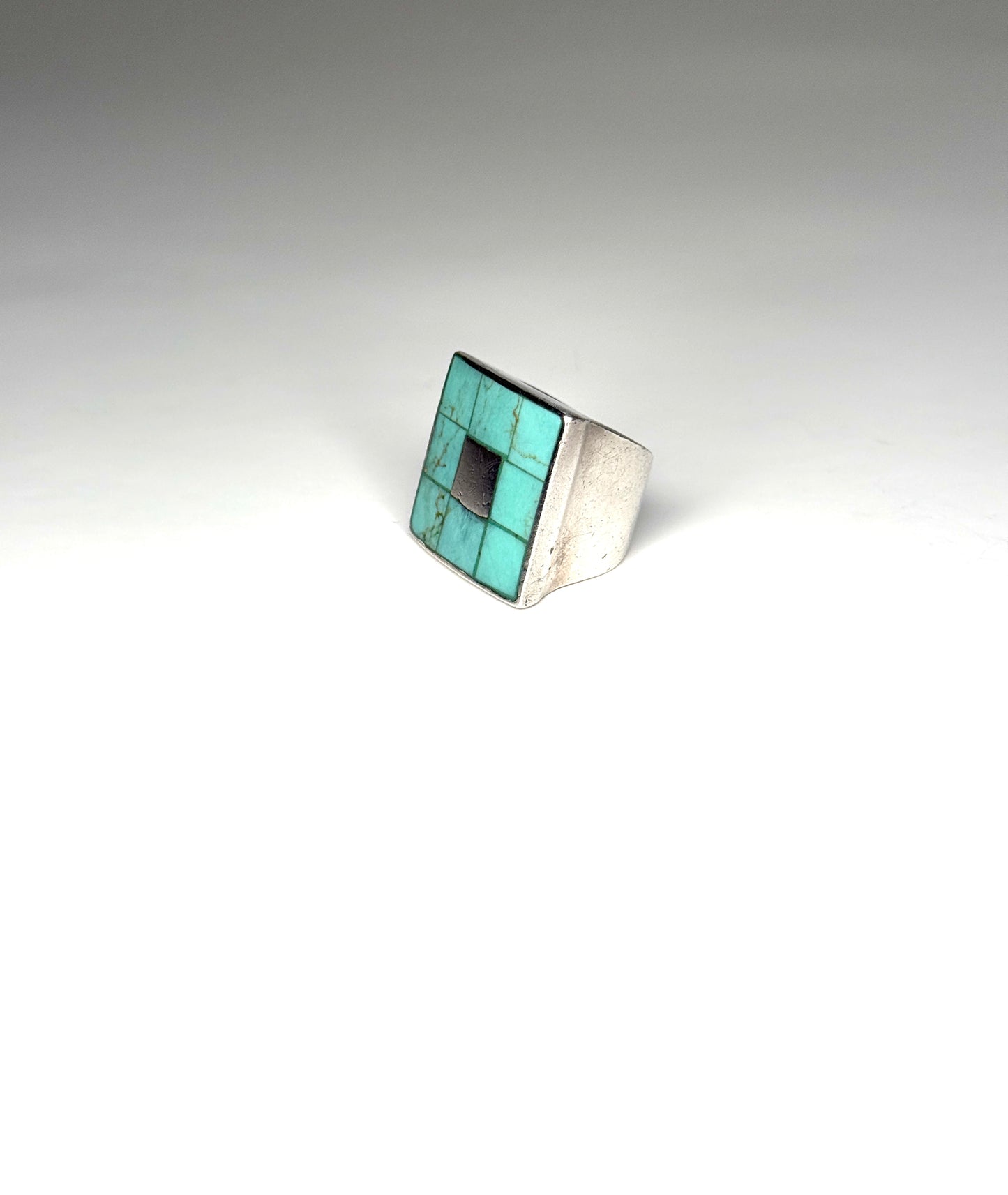 925 Sterling Silver Turquoise Square Grid Ring Size 6