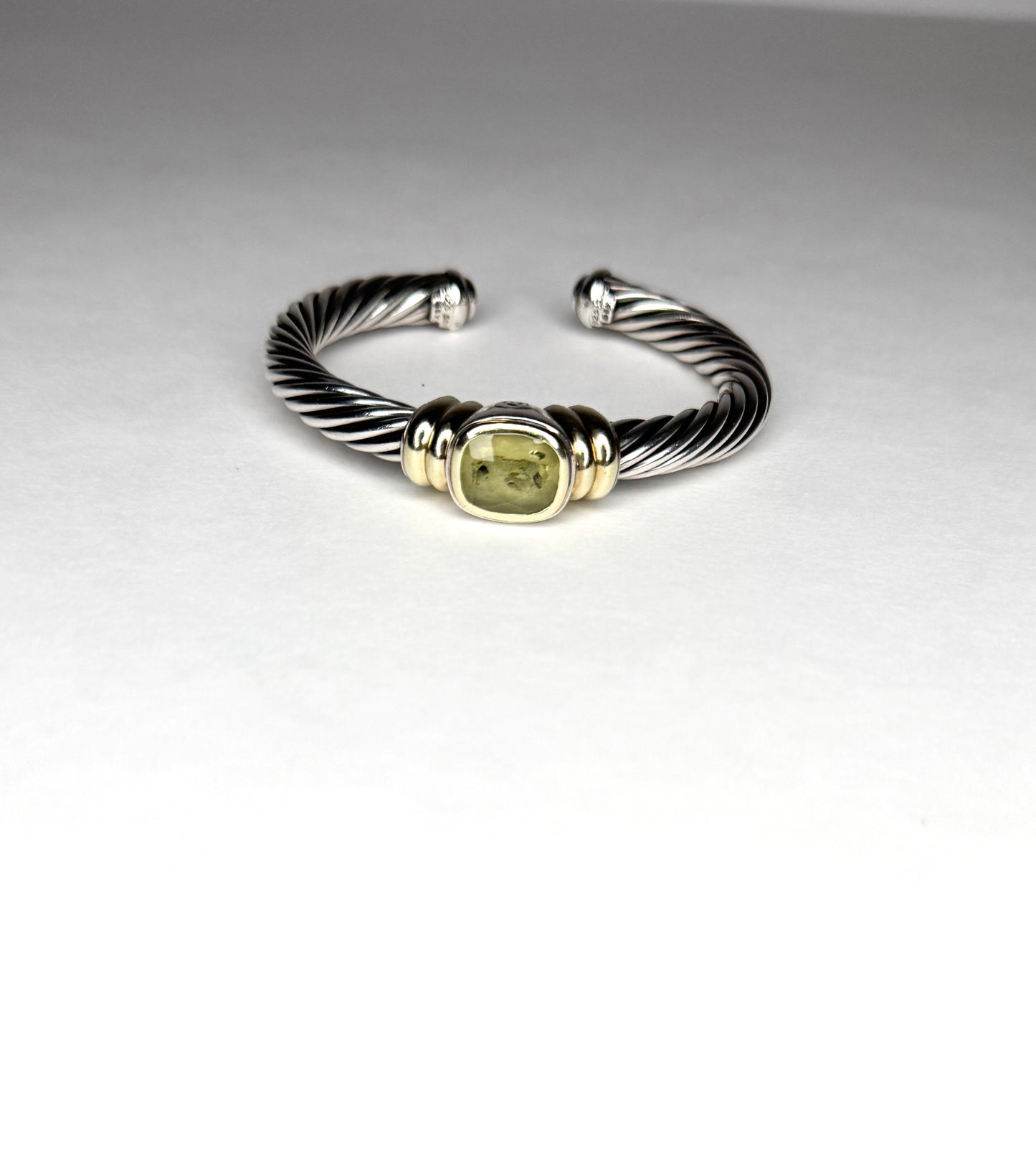 David Yurman Peridot Cuff Cable Bracelet Sterling Silver & 14K Gold