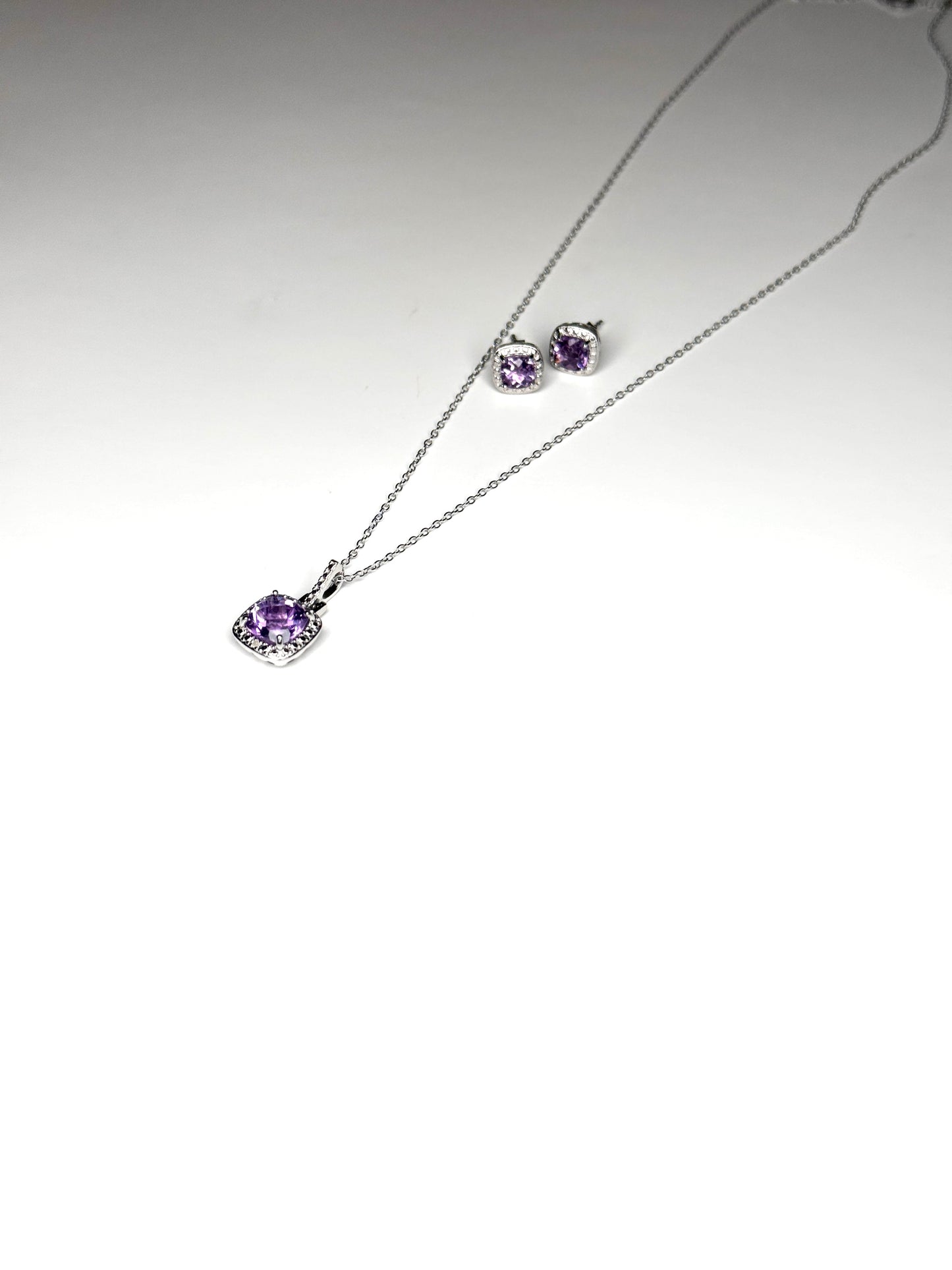 Genuine Amethyst & (0.5 carat) Diamond Sterling Silver Necklace & Earrings Set