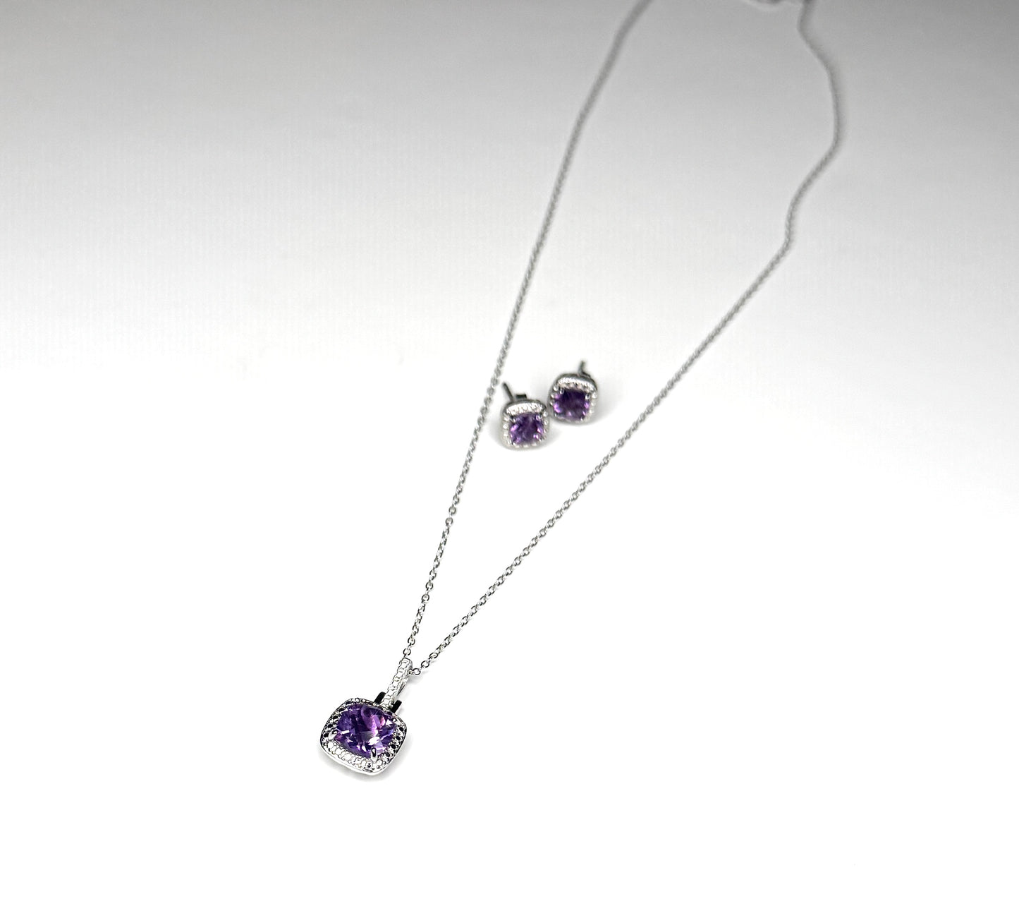 Genuine Amethyst & (0.5 carat) Diamond Sterling Silver Necklace & Earrings Set