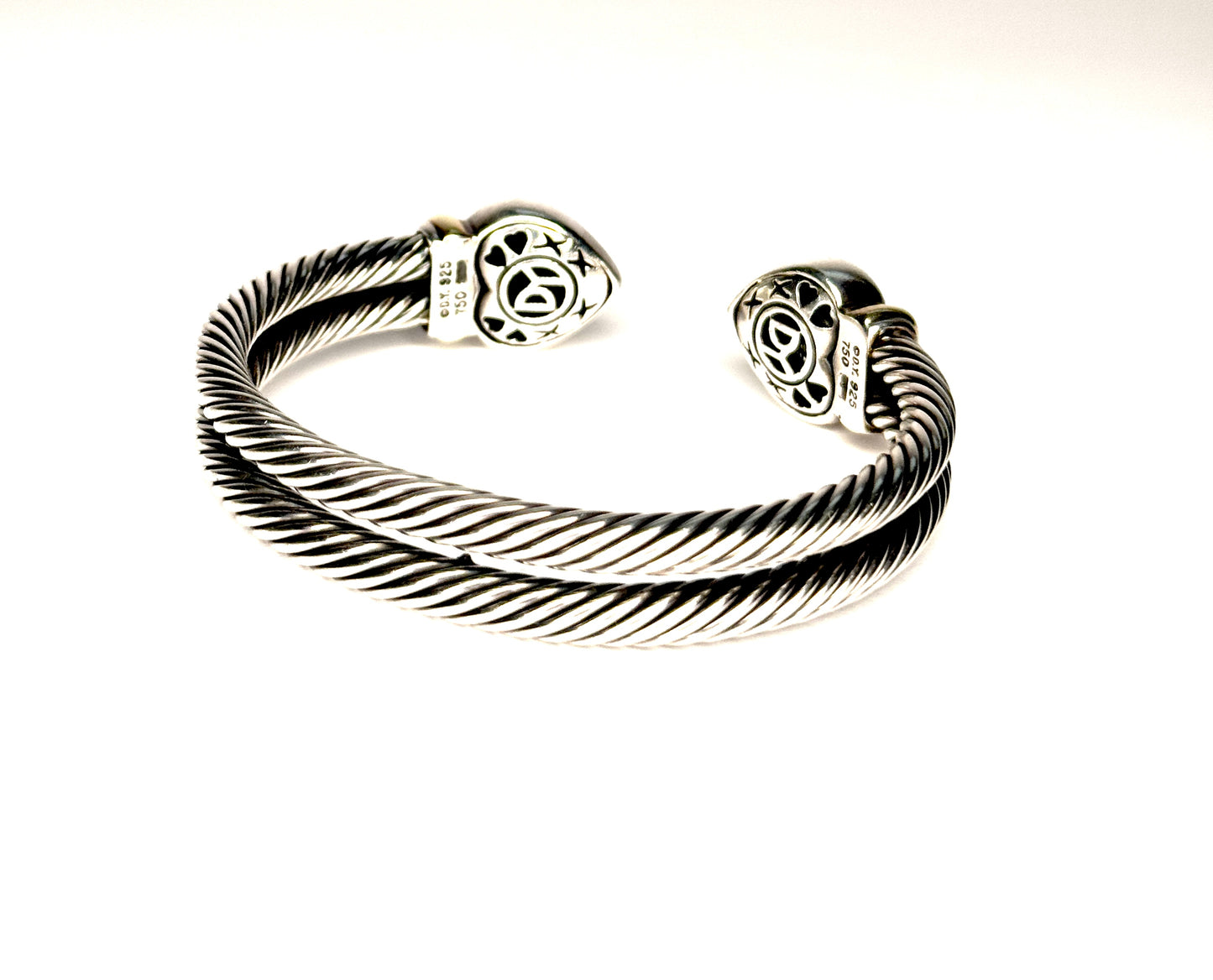 David Yurman Sterling Silver Double Cable Heart Cuff Bracelet with Gold Accents