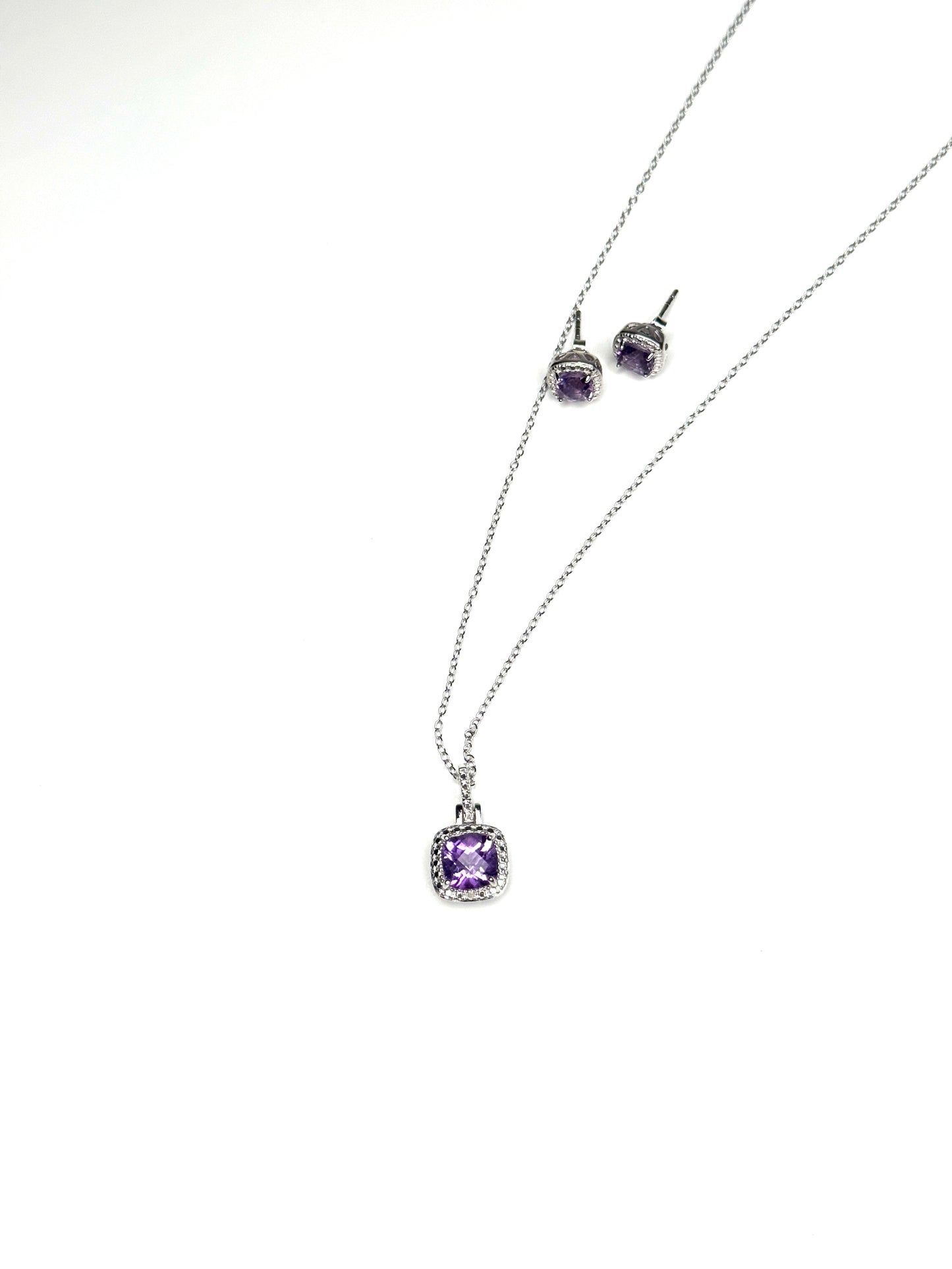 Genuine Amethyst & (0.5 carat) Diamond Sterling Silver Necklace & Earrings Set