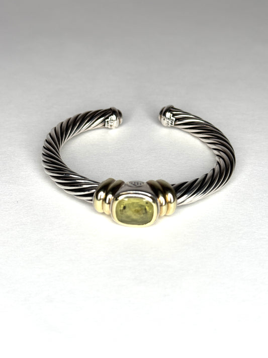 David Yurman Peridot Cuff Cable Bracelet Sterling Silver & 14K Gold