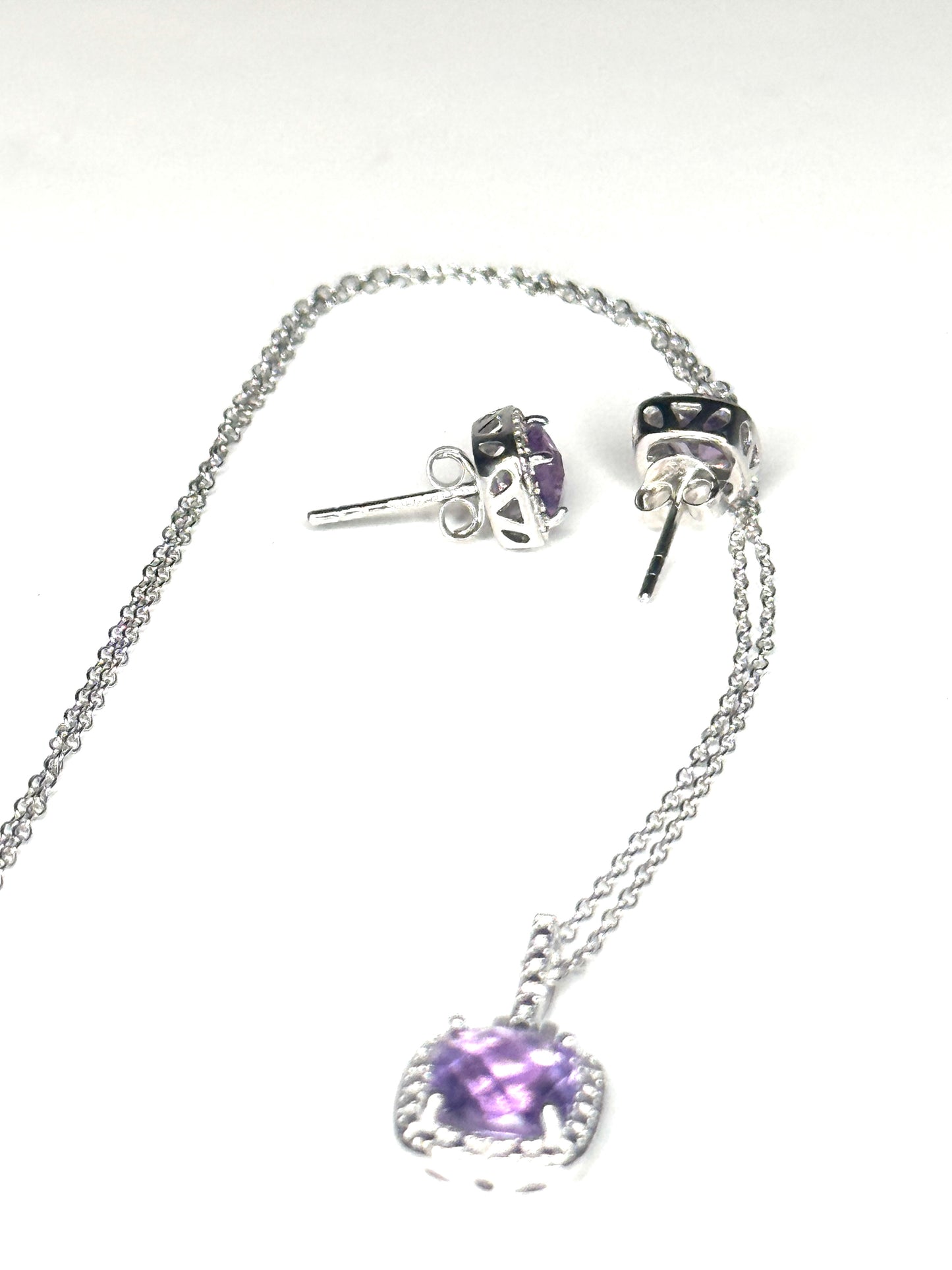 Genuine Amethyst & (0.5 carat) Diamond Sterling Silver Necklace & Earrings Set