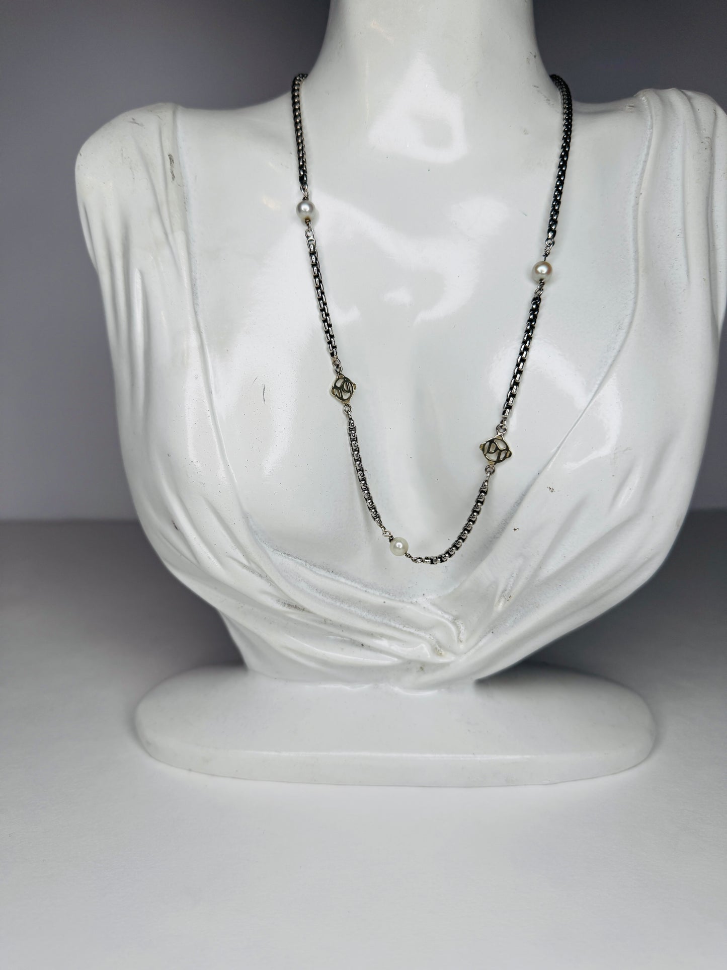 David Yurman Sterling Silver & 14K Pearl logo necklace