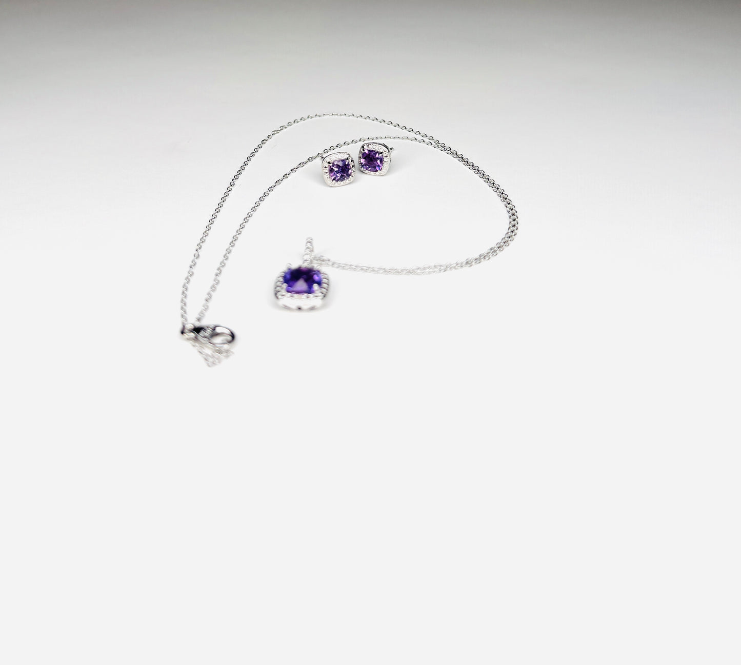 Genuine Amethyst & (0.5 carat) Diamond Sterling Silver Necklace & Earrings Set