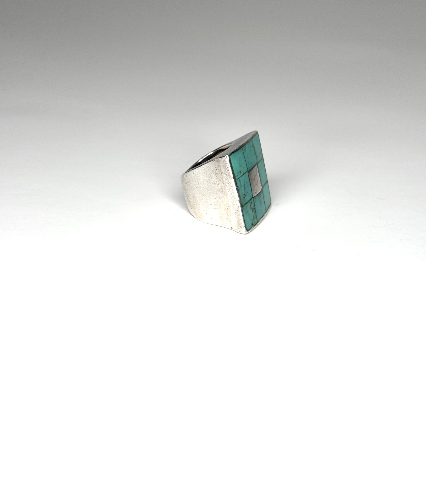 925 Sterling Silver Turquoise Square Grid Ring Size 6