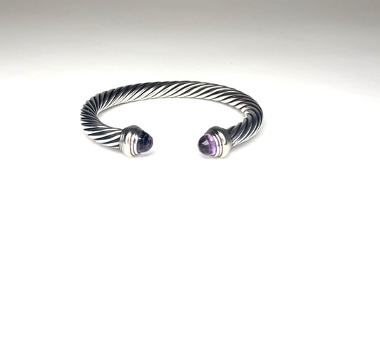 David Yurman Sterling Silver 14k gold Amethyst Cable 7mm Bracelet