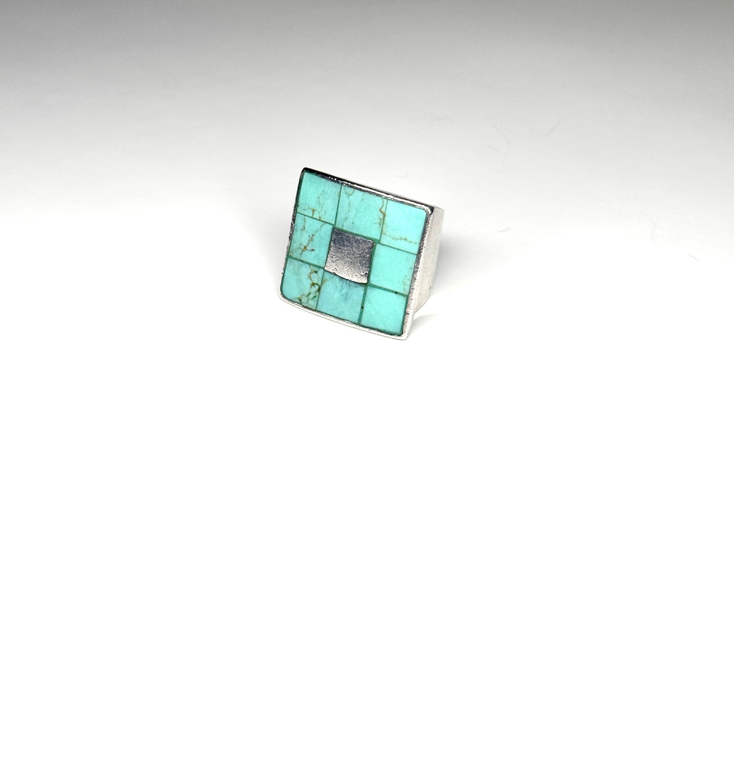 925 Sterling Silver Turquoise Square Grid Ring Size 6