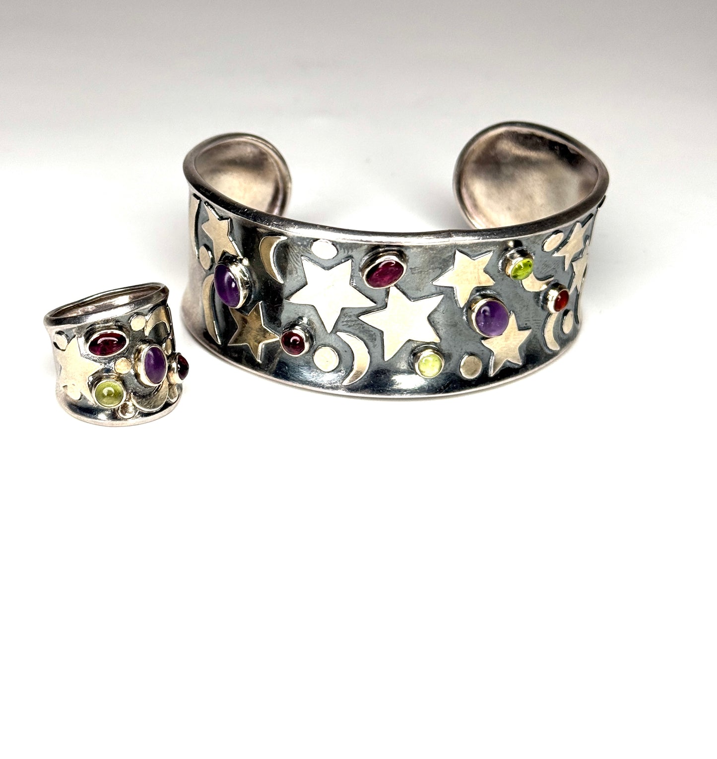 Vintage Michou Moon & Stars 925 Sterling with 22k Gold Bracelet and Ring Set