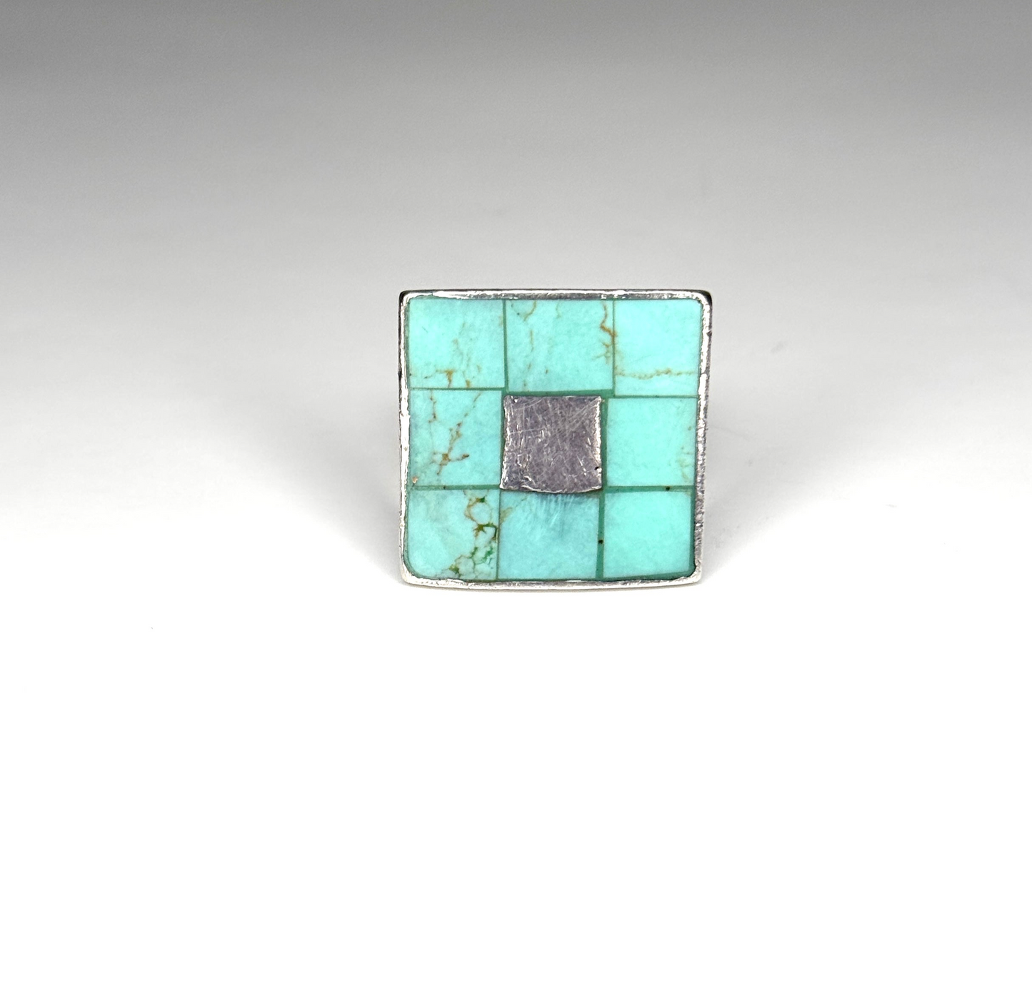 925 Sterling Silver Turquoise Square Grid Ring Size 6